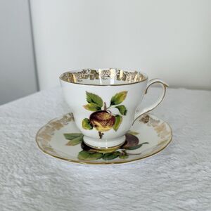 DUCHESS Tea Cup & Saucer Vintage Set w/ Apples & Gold Grape Leaf Trim